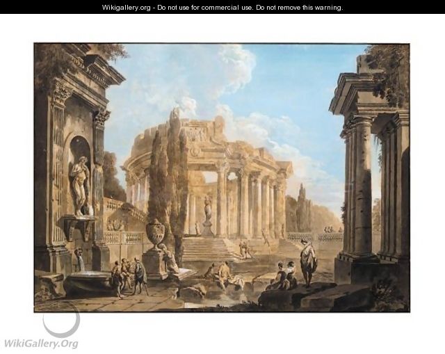 Architectural Landscape With Figures Amongst Classical Ruins - Louis Marin Bonnet