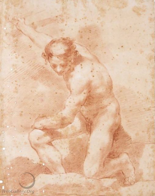 Study Of A Kneeling Male Nude Holding A Stick With His Right Hand - Ubaldo Gandolfi