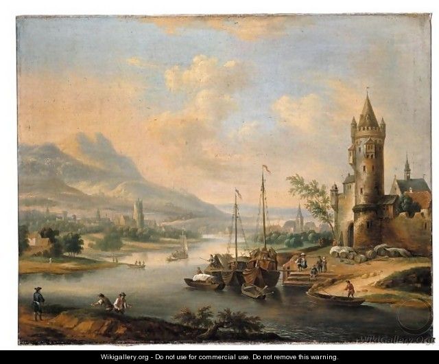 An Extensive Rhenish River Landscape With Figures Unloading Their Boats Before A Town - (after) Christian Georg II Schutz Or Schuz