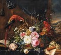 A Still Life Of Various Flowers In A Basket With A Parrot - (after) Pierre-Nicolas Huillot