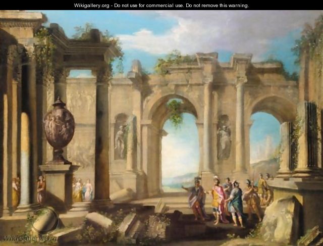 An Architectural Capriccio With Figures In Classical Dress Amongst Ruins - (after) Alberto Carlieri