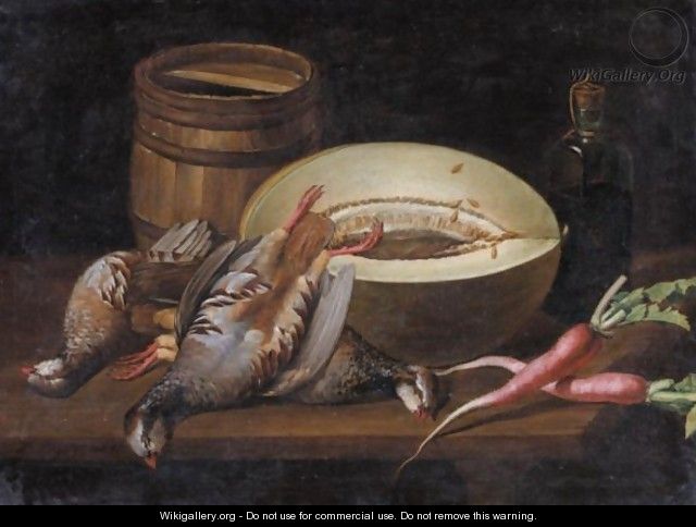 Still Life With A Melon, Radishes, Partridges , A Small Barrel And A Bottle Of Wine On A Wooden Table - Jose Lopez-Enguidanos