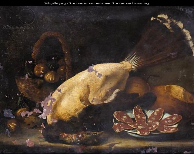 Still Life Of A Basket Of Figs Together With A Plucked Bird, A Plate Of Salami And Loaves Of Bread On A Stone Ledge - (after) Bartolomeo Arbotori