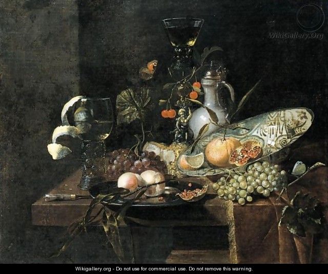 Still Life With Peaches On A Pewter Plate, Oranges And Pomegranates In A Porcelain Bowl, Together With Grapes - Amsterdam School