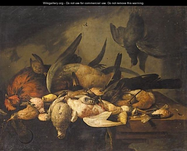 Still Life With A Cockerel, A Duck, A Snipe And Various Songbirds Together On A Wooden Table - Cornelis van Lelienbergh