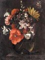 Still Life With Various Flowers In A Glass Vase On A Ledge - Marten Nellius