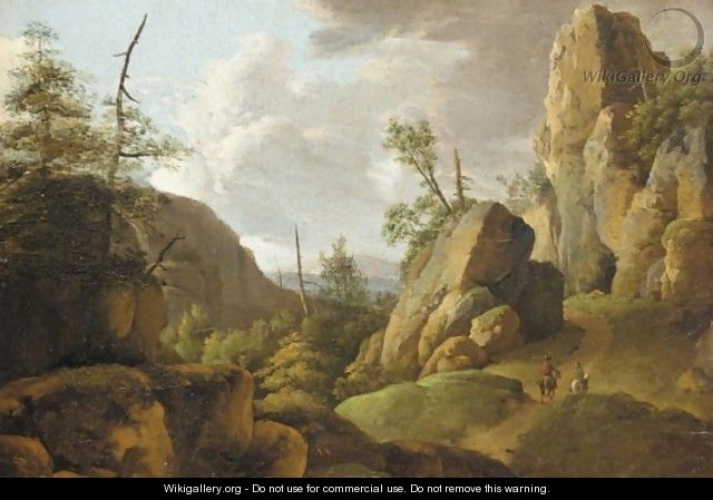 An Extensive Mountainous Landscape With Horsemen On A Road - Jan Van Aken