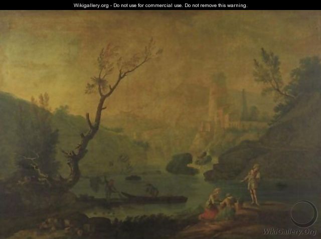 Extensive Landscape With Fishermen And A Fortress In A Distance - (after) Claude-Joseph Vernet
