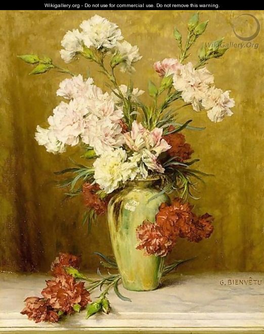 A Still Life With Carnations In A Green Vase - Gustave Bienvetu