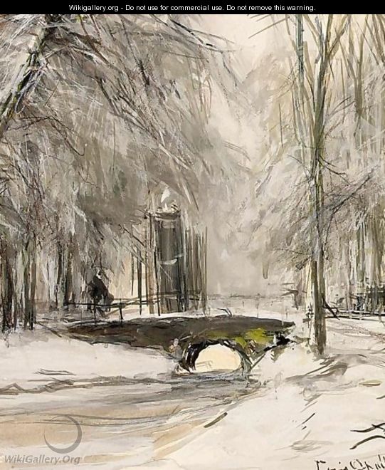 A View Of A Bridge In A Winter Landscape - Louis Apol