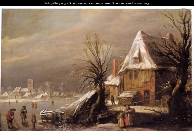 A Winter Landscape With Figures Playing Kolf And Skating On A Frozen River Before A House, A Church Beyond - Esaias Van De Velde