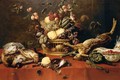 Still Life Of Fruit In A Basket Together With Game, A Bowl Of Fraises-De-Bois, Artichokes, Asparagus And A Squirrel Upon A Table Draped With A Red Cloth - Frans Snijders