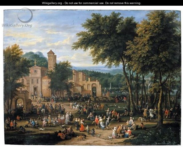 Landscape With A Village Festival, With Numerous Figures Dancing And Feasting Near A Church, A River Beyond - Peetre Bout