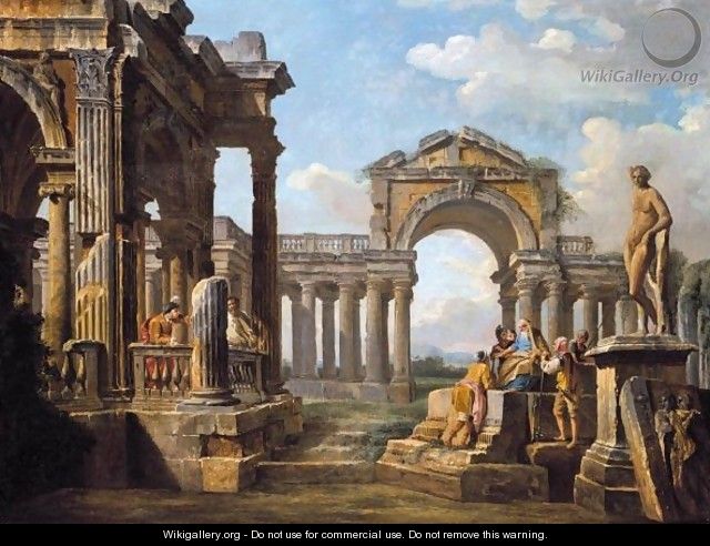 An Architectural Capriccio With A Philosopher And Soldiers Amongst Ancient Ruins - (after) Giovanni Paolo Panini