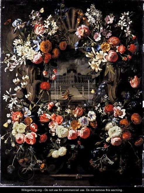 Still Life Of Garlands Of Flowers Adorning A Carved Stone Window, A Palace Garden With David And Bathsheba Beyond - Gaspar Peeter The Elder Verbruggen