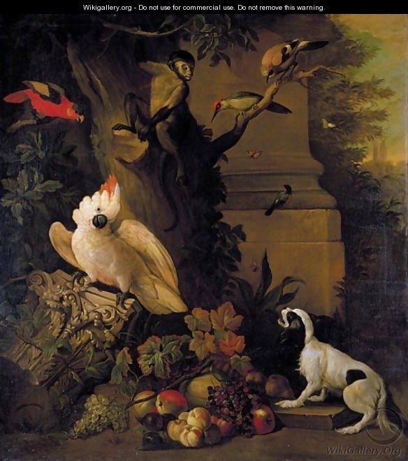 Still Life With Parrots, A Jay, A Woodpecker And A Finch, Together With A Spaniel And Various Fruits In A Parkland Setting - (after) Jakob Bogdany