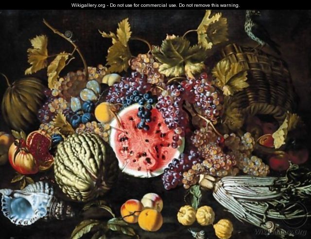 A Still Life Of Grapes, Plums, Watermelons, Peaches, Lemons, A Cardoon, An Open Pomegranate, Together With A Shell - Guiseppe Ruoppolo