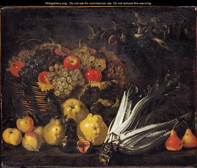 Still Life With Apples And Grapes In A Basket Together With Pears, Figs, A Cardoon And Mushrooms - Roman School