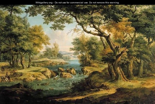 A Wooded River Landscape With Hunstmen And A Coach And Horses - Flemish School