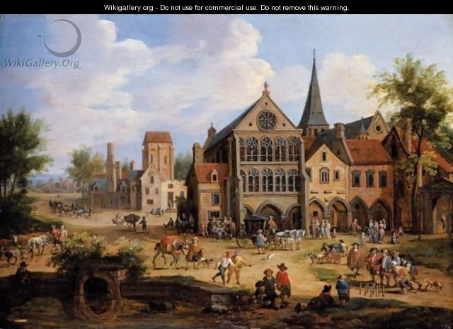A Crowded Town Scene With Peasants Playing Skittles In Front Of A Church - Pieter Bout