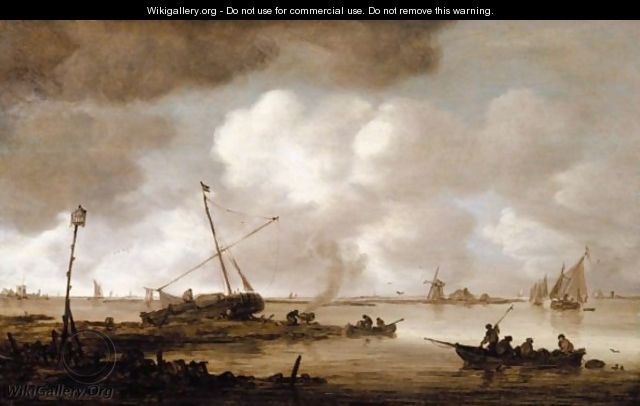 An Estuary Scene With A Fishing-Boat In The Foreground, And Figures Caulking A Small Dutch Vessel Beyond - Jan van Goyen