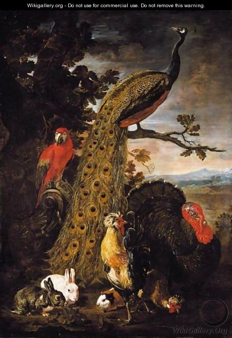 A Landscape With A Peacock, Parrot, Chicken, Turkey, Two Rabbits And A Guinea-Pig - David de Coninck