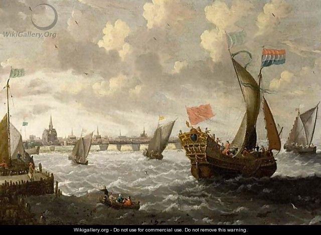 A States Yacht, A Kaag And Other Ships In A Stiff Breeze, A Town Beyond - Cornelis Mahu