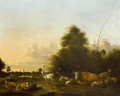 A Landscape With Cattle, Sheep And Goats In The Foreground, A Village Beyond - Albert-Jansz. Klomp
