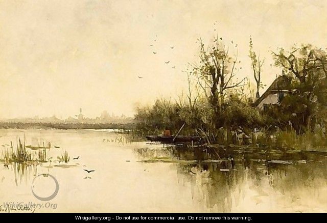 A Polder Landscape With An Angler In A Punter - Fredericus Jacobus Van Rossum Chattel