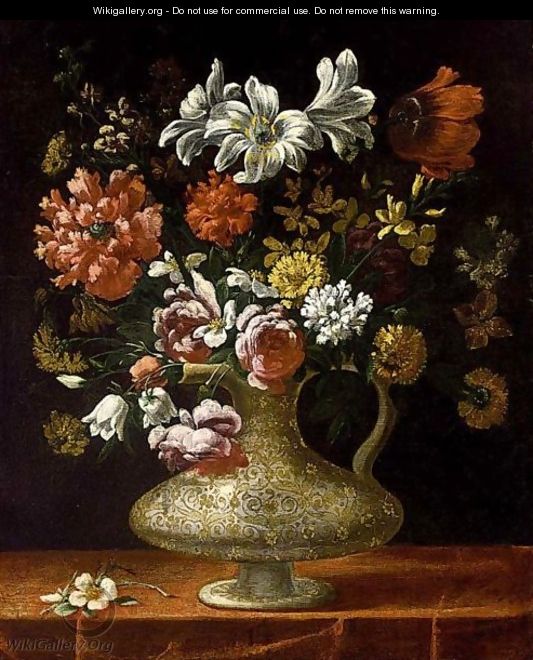 A Still Life With Roses, Peonies, Lilies And Other Flowers, All In An Italian 16th Century Maiolica Vase On A Draped Table - Spanish School