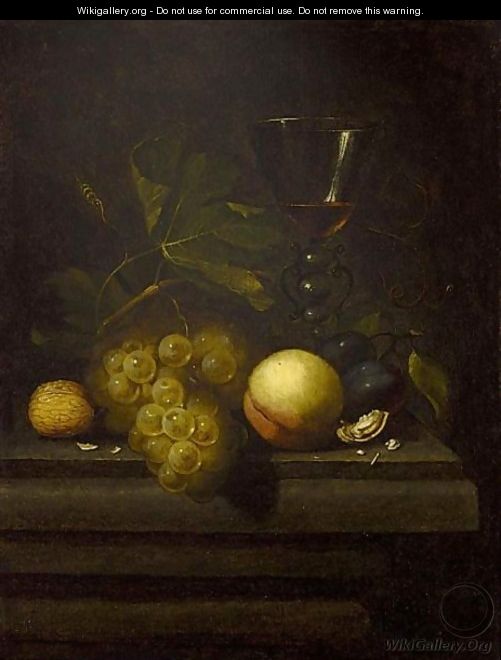 A Still Life With Walnuts, A Peach, Prunes, Grapes And A Glass All On A Wooden Table - (after) Johannes Borman