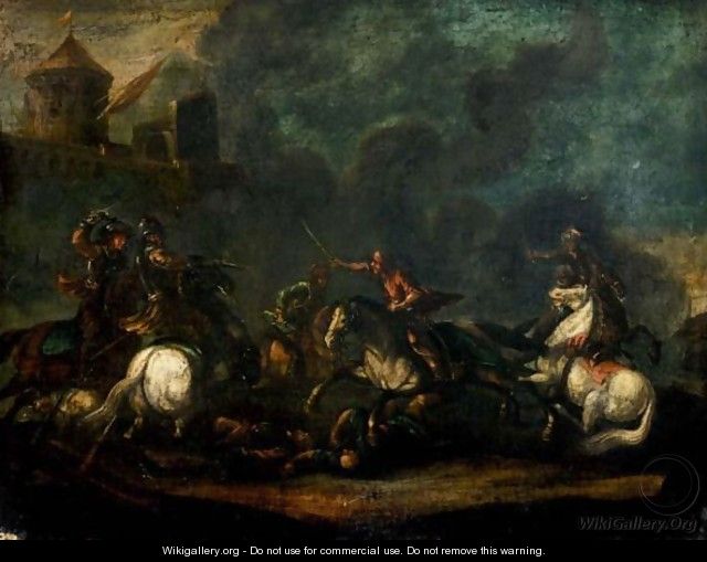 A Cavalry Skirmish On The Outskirts Of A Village - (after) Jacques Courtios, Il Borgognone