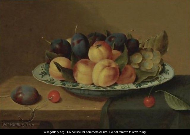 A Still Life Of Apricots And Plums In A Wan-Li Porcelain Bowl - Jacob van Hulsdonck