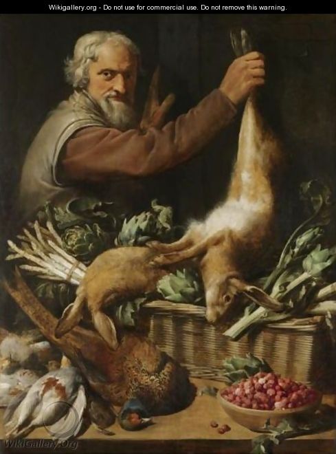 A Market Stall With A Peasant Holding Up A Hare, A Pheasant, Partridge, A Bowl Of Strawberries - Frans Snyders