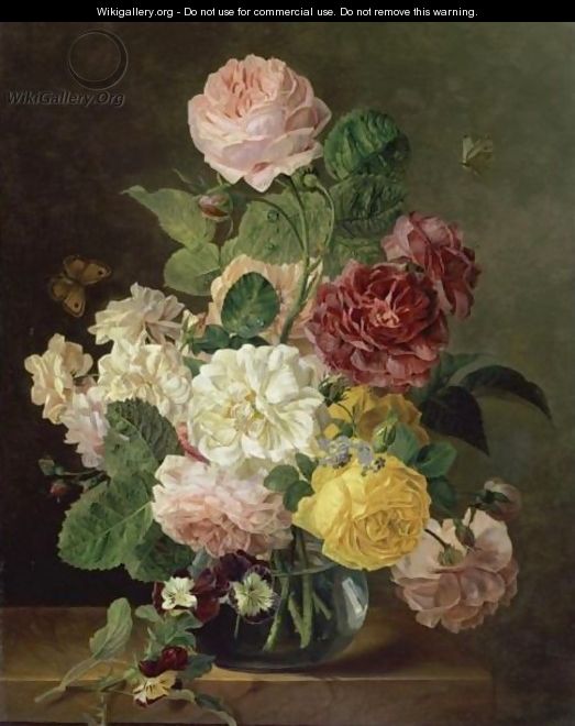 A Still Life Of Flowers In A Glass Vase On A Marble Ledge - (after) Jan Frans Van Dael