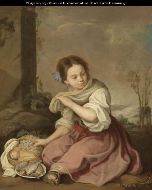 A Young Girl Seated In A Landscape, Holding A Basket Of Fruit And A Plate Of Fish - (after) Murillo, Bartolome Esteban