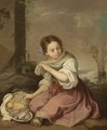 A Young Girl Seated In A Landscape, Holding A Basket Of Fruit And A Plate Of Fish - (after) Murillo, Bartolome Esteban
