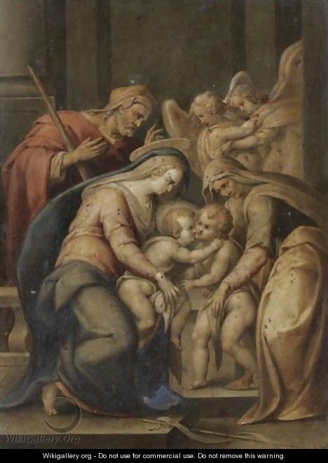 The Holy Family With Saints Elizabeth And The Infant Saint John The Baptist, Two Angels Behind - Lorenzo Sabatini