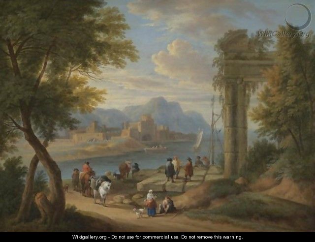 A River Estuary With Fishermen And Travellers Resting Beneath A Ruin, A Mountainous Landscape Beyond - Pieter Bout