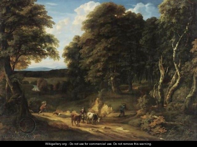 A Wooded Landscape With A Drover And Two Heifers On A Road, Two Anglers On The Bank Of A River Beyond - Cornelis Huysmans