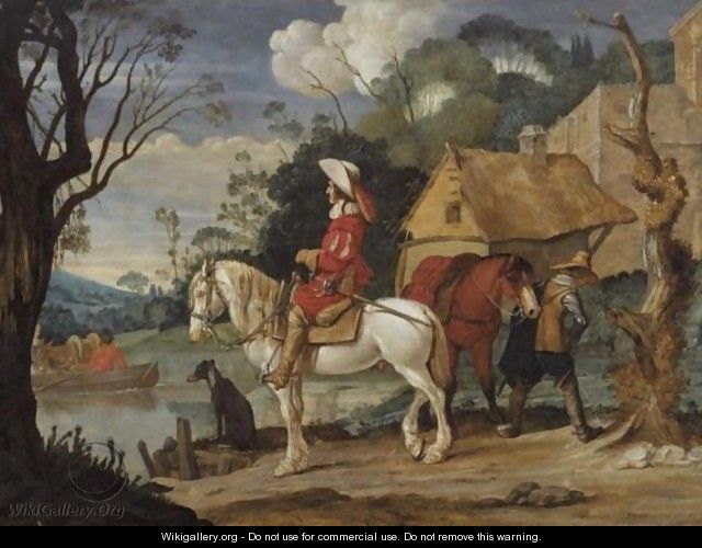 River Landscape With Cavaliers Waiting For A Ferry - Pieter Boddingh Van Laer
