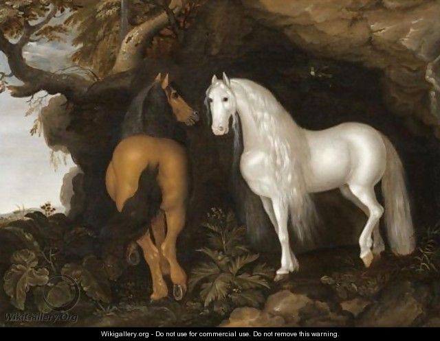 Two Horses Standing In A Wooded Landscape, Before A Cave - Abraham Bosschaert