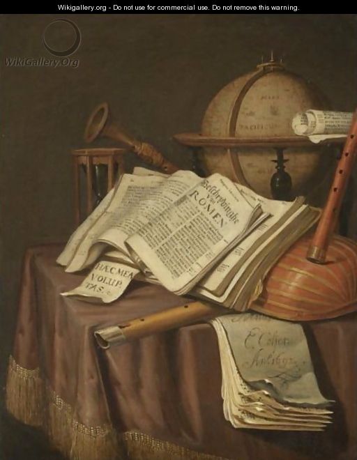 A Vanitas Still Life With A Globe, An Hour-Glass, A Book And A Score, Together With Various Other Musical Instruments - Edwart Collier