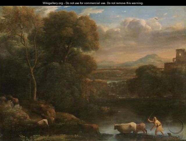 An Italianate Landscape With A Drover And His Dog Driving His Cattle Across A Ford, A Waterfall Beyond - Claude Lorrain (Gellee)