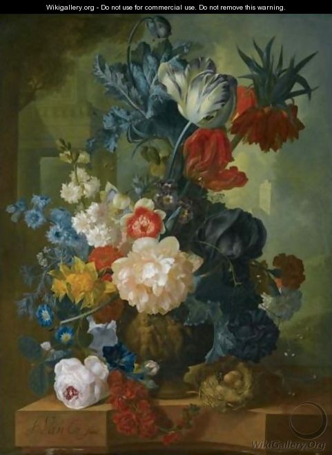 Still Life With A Bouquet Of Flowers In A Sculpted Vase, Including A Parrot Tulip, Morning Glory - Jan van Os