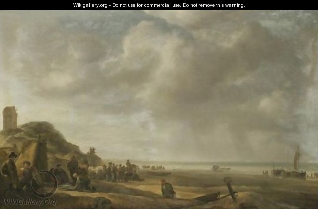 A Beach Scene On The North Sea Coast Of Holland, With Fishermen Displaying Their Catch - Simon De Vlieger