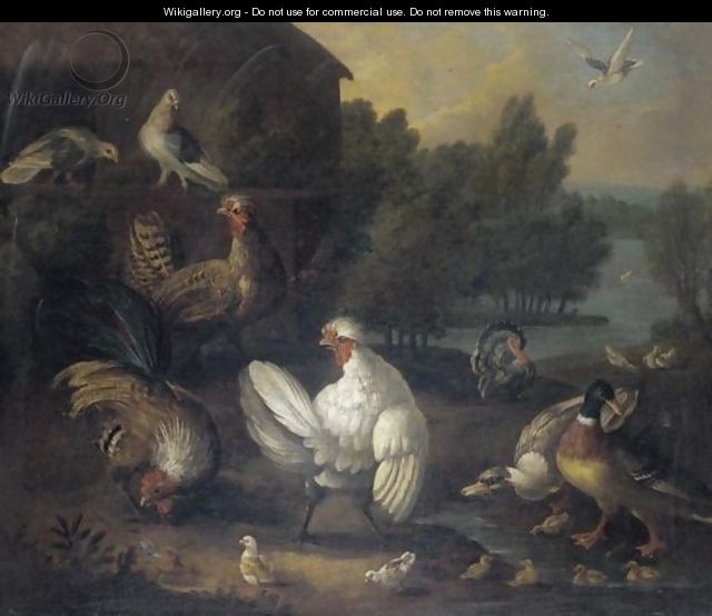 A Farmyard Still Life With Doves, Chickens And Chicks, Ducks And Ducklings, A Cockerel, And A Turkey - (after) Marmaduke Cradock
