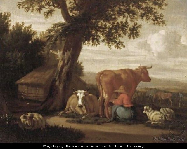 A Landscape With A Shepherdess Milking A Cow - Pieter Van Der Leeuw