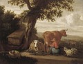 A Landscape With A Shepherdess Milking A Cow - Pieter Van Der Leeuw