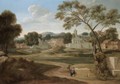 A Classical River Landscape With Figures Conversing In The Foreground With A Town Beyond - (after) Nicolas Poussin